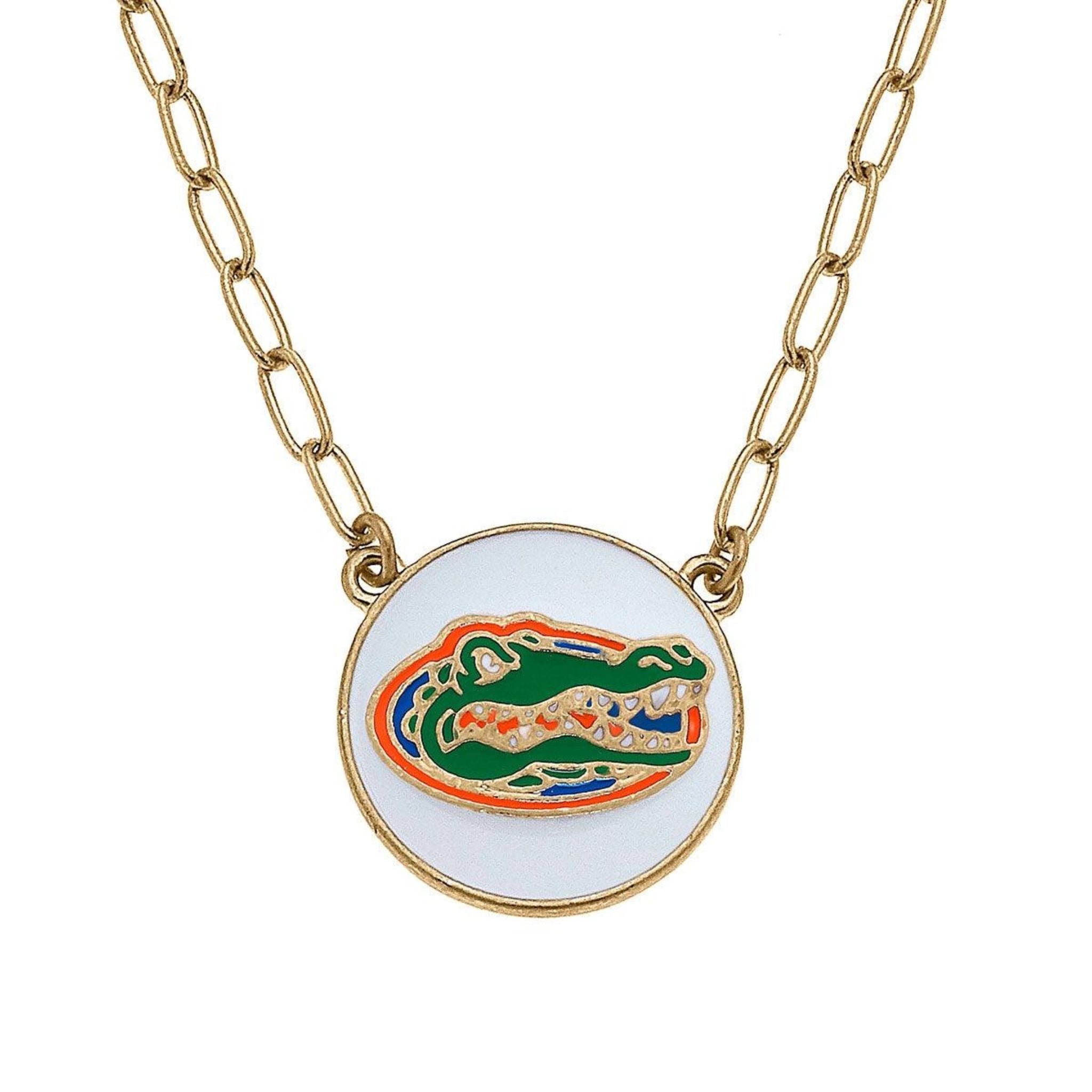 FLORIDA Gator Enamel Disk Pendant Necklace in White