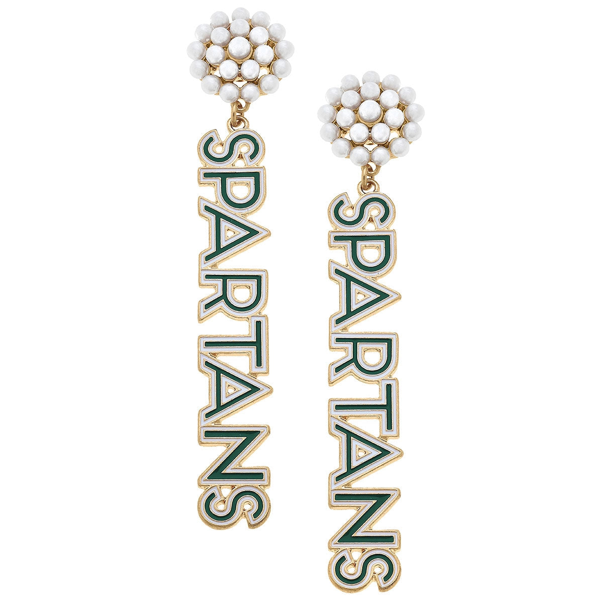 MICHIGAN STATE Spartans Pearl Cluster Enamel Outline Drop Earrings