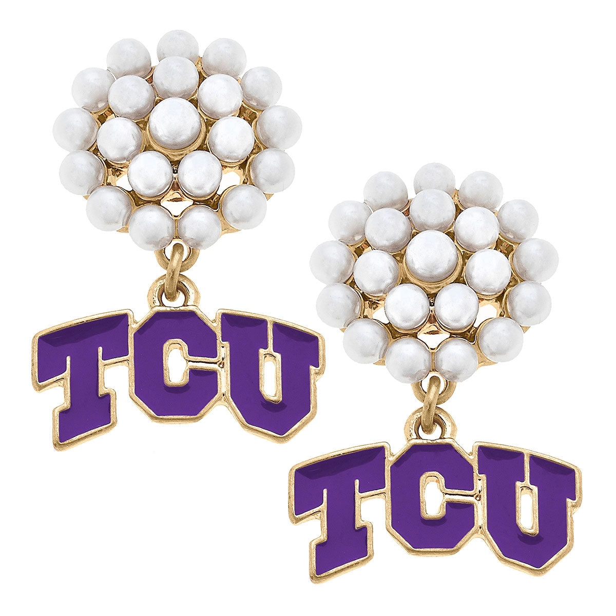 TCU Horned Frogs Pearl Cluster Outline Enamel Drop Earrings