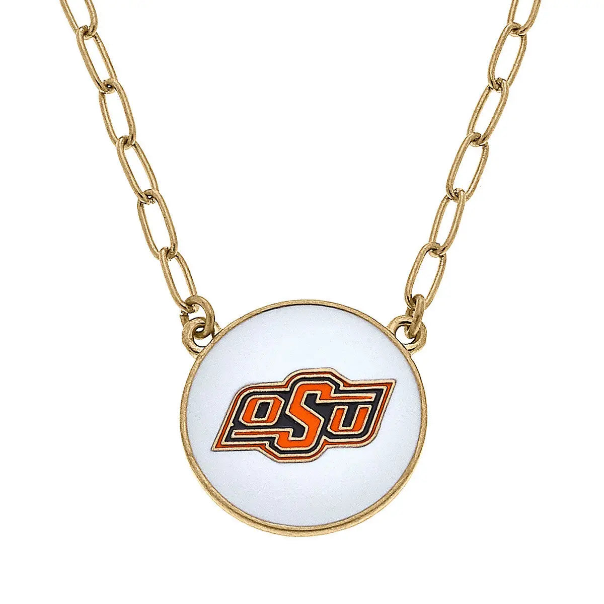 OKLAHOMA STATE Cowboys Enamel Disk Pendant Necklace in White