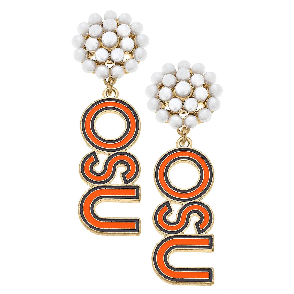 OKLAHOMA STATE Cowboys Pearl Cluster Outline Enamel Drop Earrings