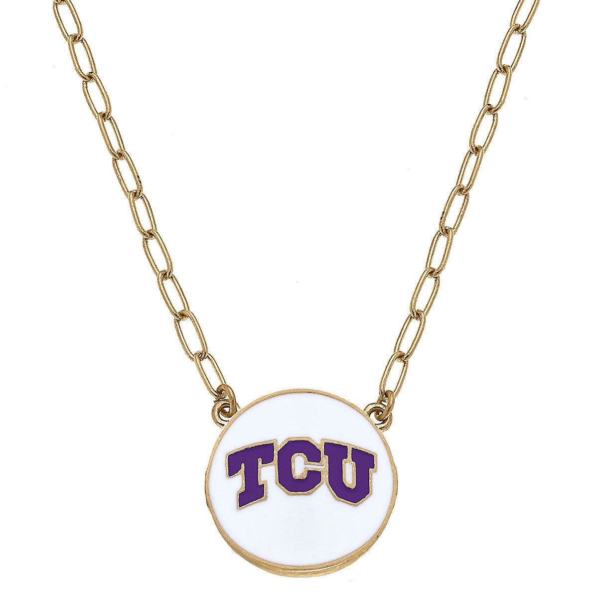 TCU Horned Frogs Enamel Disk Pendant Necklace in White